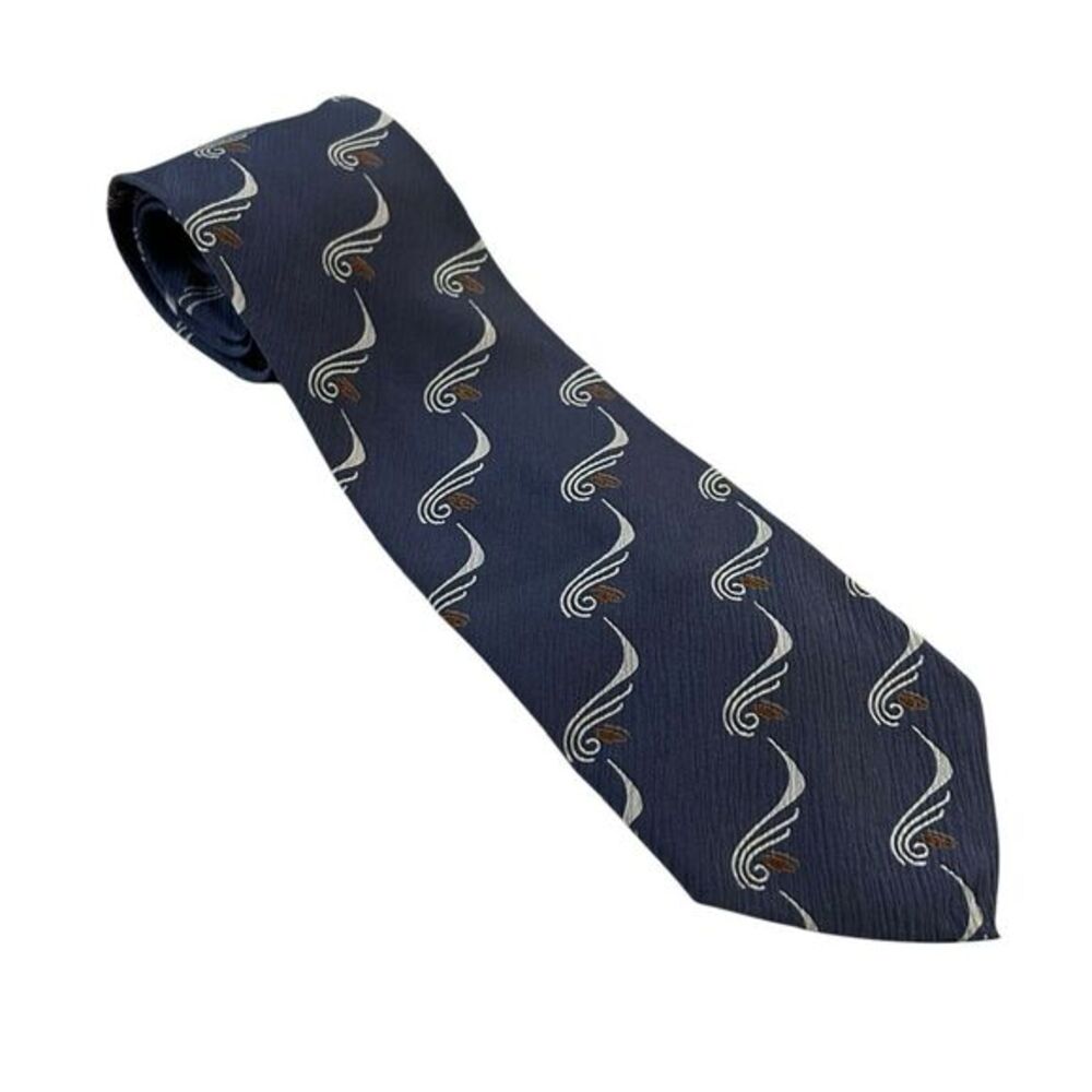 Giorgio Armani Mens Italian Silk Tie Navy Blue Artsy Wave Print Nautical Coastal
